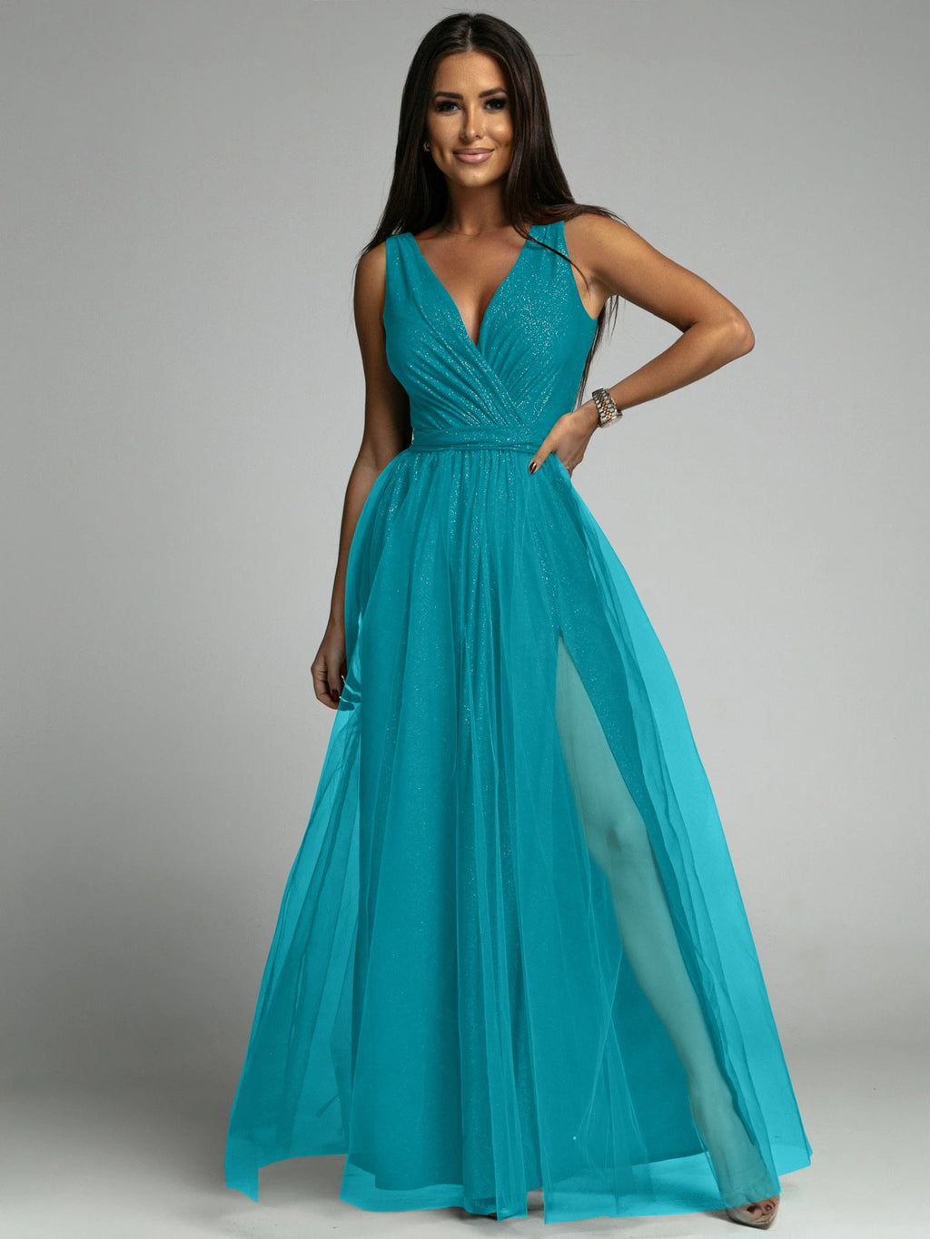 Saylor Double Slit Tulle Evening Dress