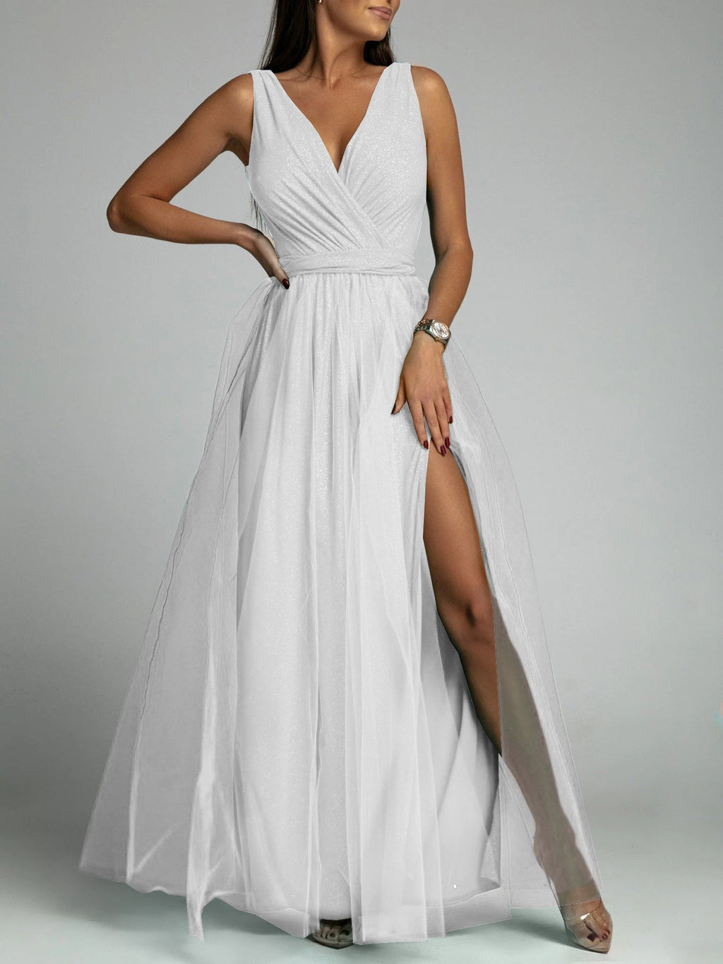 Saylor Double Slit Tulle Evening Dress