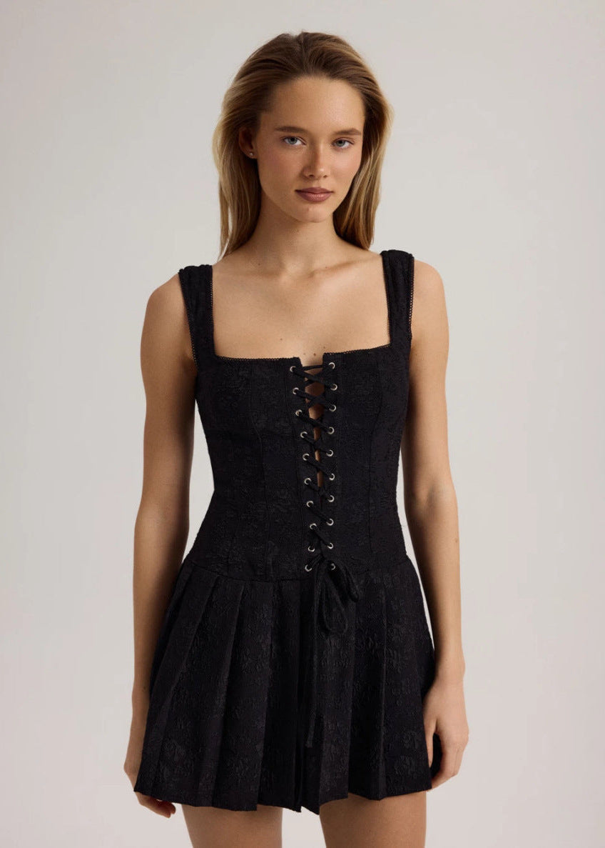 Chic Black Lace Up Corset Mini Dress