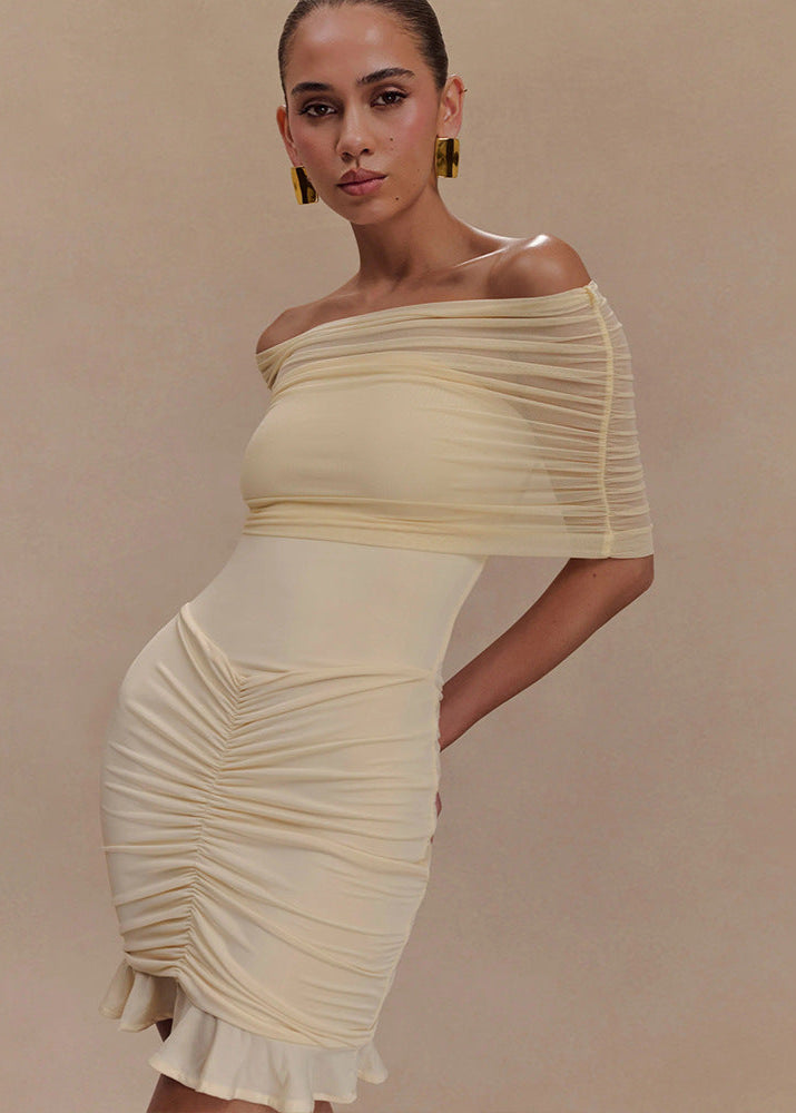 Chic Off Shoulder Ruched Mesh Mini Dress