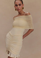 Chic Off Shoulder Ruched Mesh Mini Dress