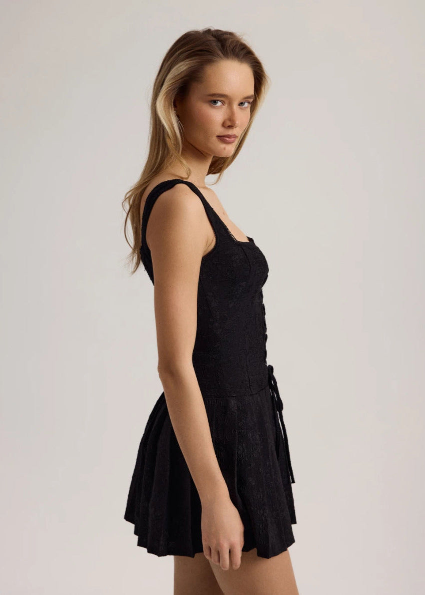 Chic Black Lace Up Corset Mini Dress
