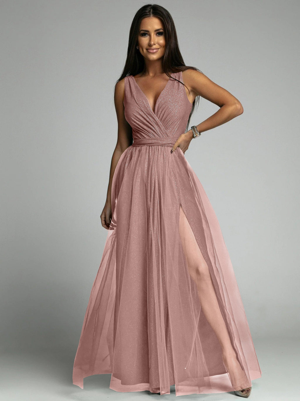 Saylor Double Slit Tulle Evening Dress