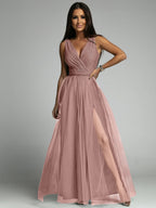Saylor Double Slit Tulle Evening Dress