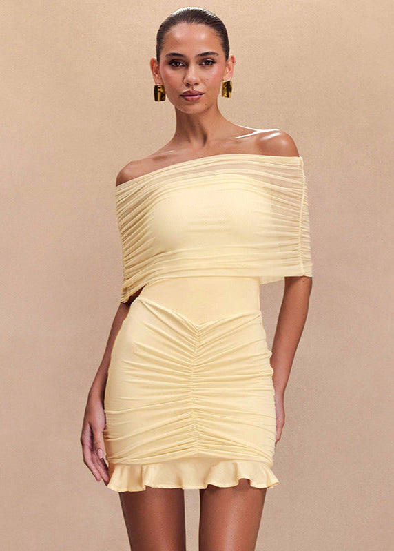 Chic Off Shoulder Ruched Mesh Mini Dress