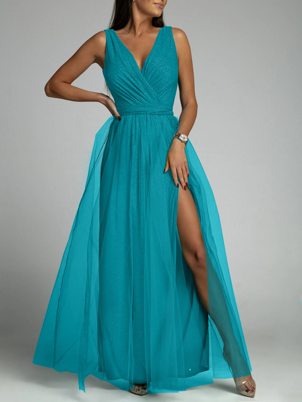Saylor Double Slit Tulle Evening Dress