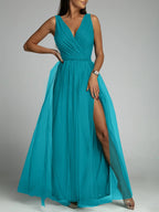 Saylor Double Slit Tulle Evening Dress