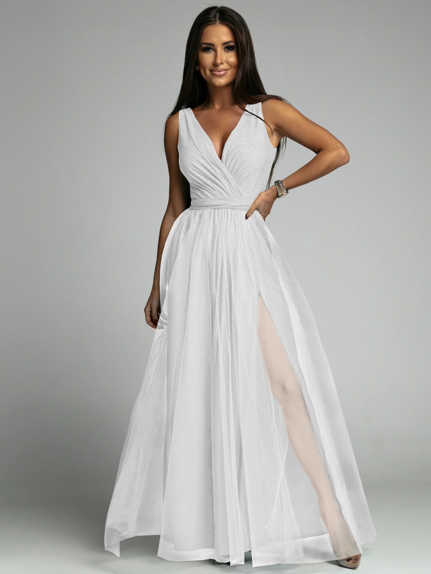Saylor Double Slit Tulle Evening Dress
