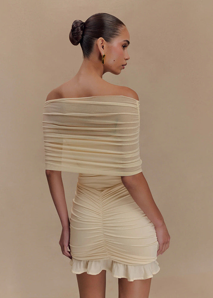 Chic Off Shoulder Ruched Mesh Mini Dress
