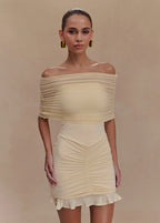 Chic Off Shoulder Ruched Mesh Mini Dress