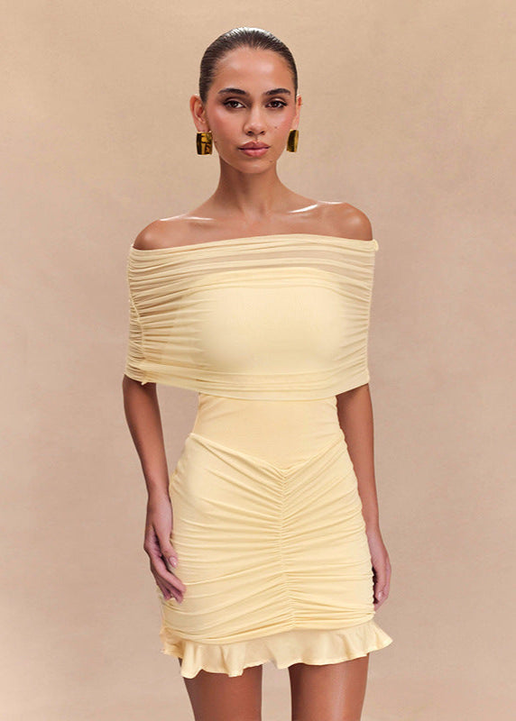 Chic Off Shoulder Ruched Mesh Mini Dress