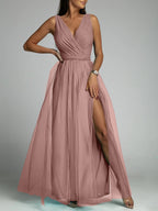Saylor Double Slit Tulle Evening Dress