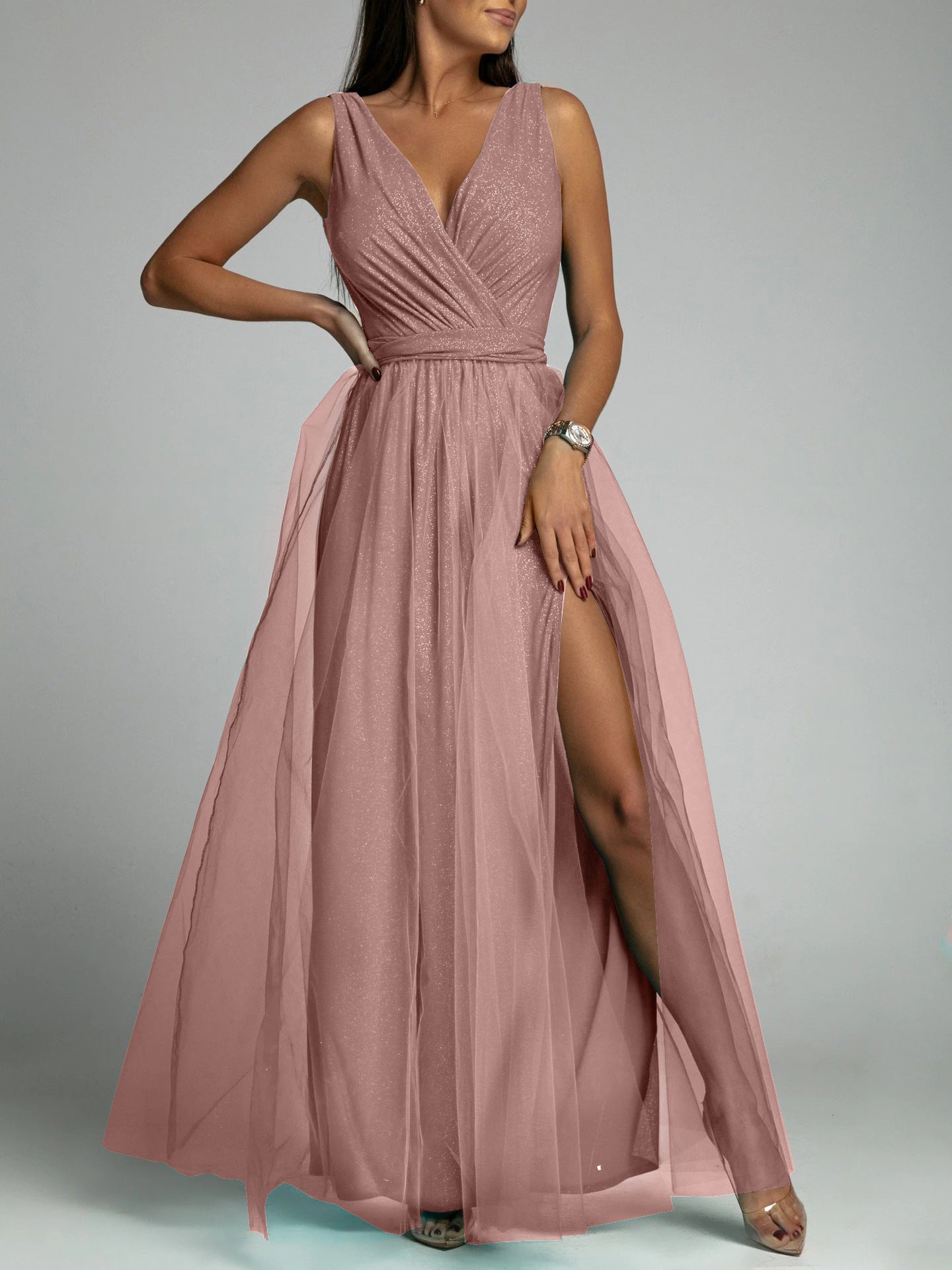 Saylor Double Slit Tulle Evening Dress