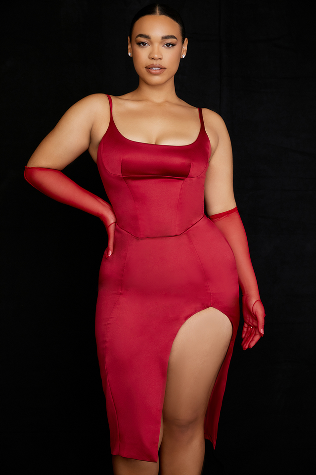 Luxe Satin Corset Pleated Midi Dress