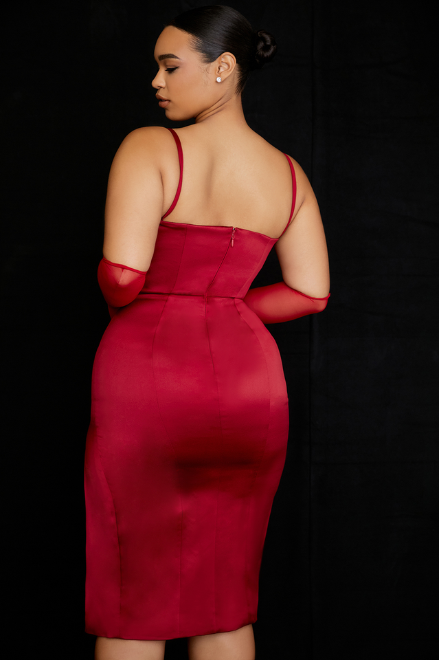 Luxe Satin Corset Pleated Midi Dress