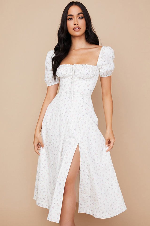 Romantic Floral Puff Sleeve Midi Dress
