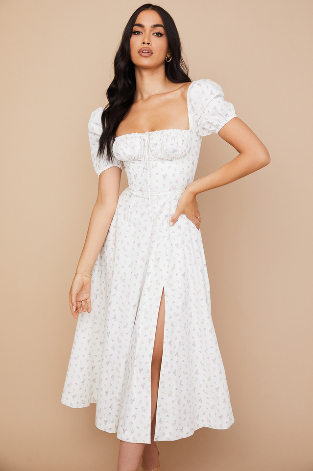 Romantic Floral Puff Sleeve Midi Dress