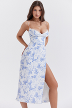 Sculpted Corset Midi Dress in Blue Print
