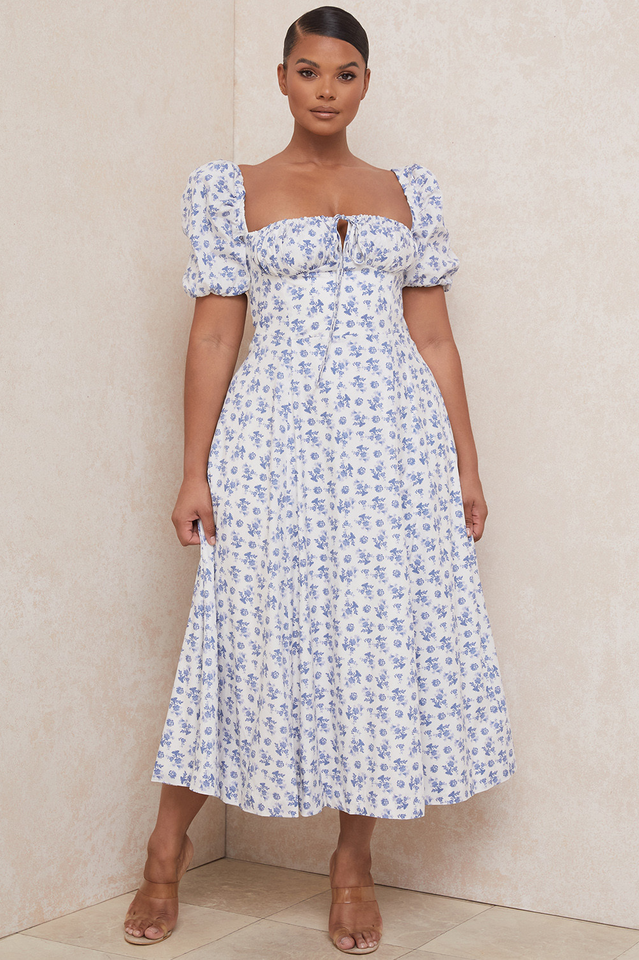 Romantic Floral Puff Sleeve Midi Dress