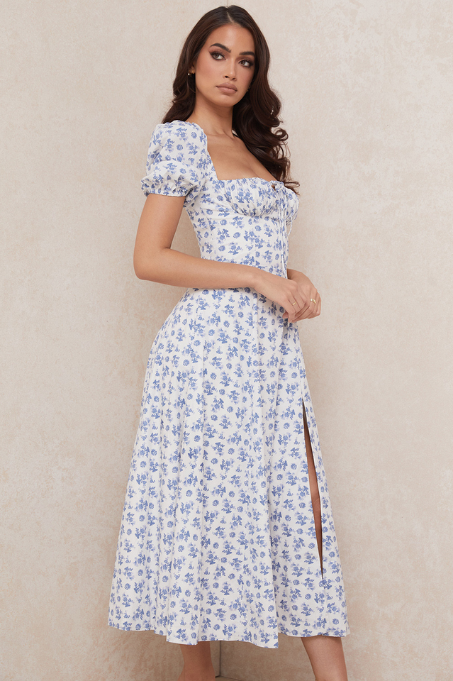 Romantic Floral Puff Sleeve Midi Dress