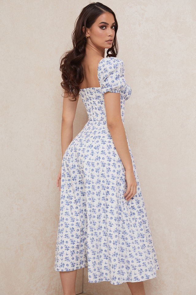 Romantic Floral Puff Sleeve Midi Dress