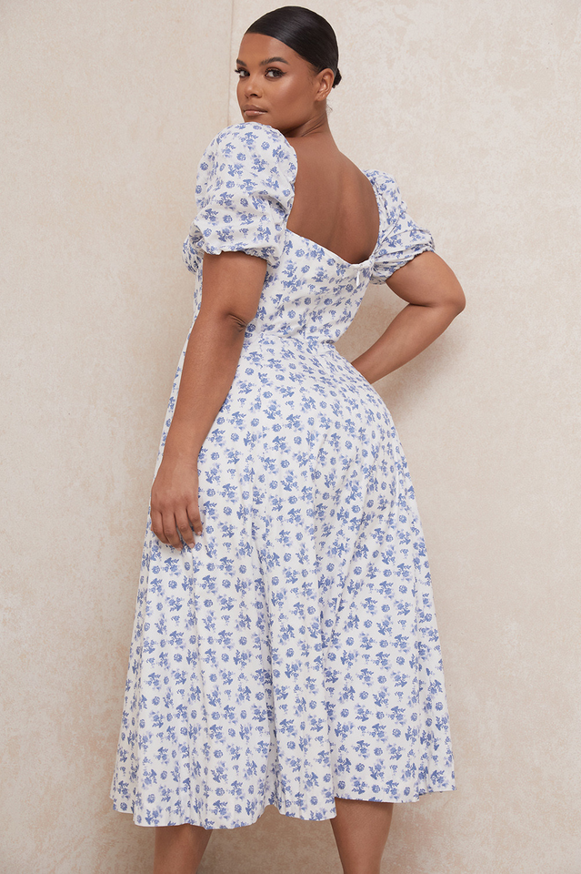 Romantic Floral Puff Sleeve Midi Dress