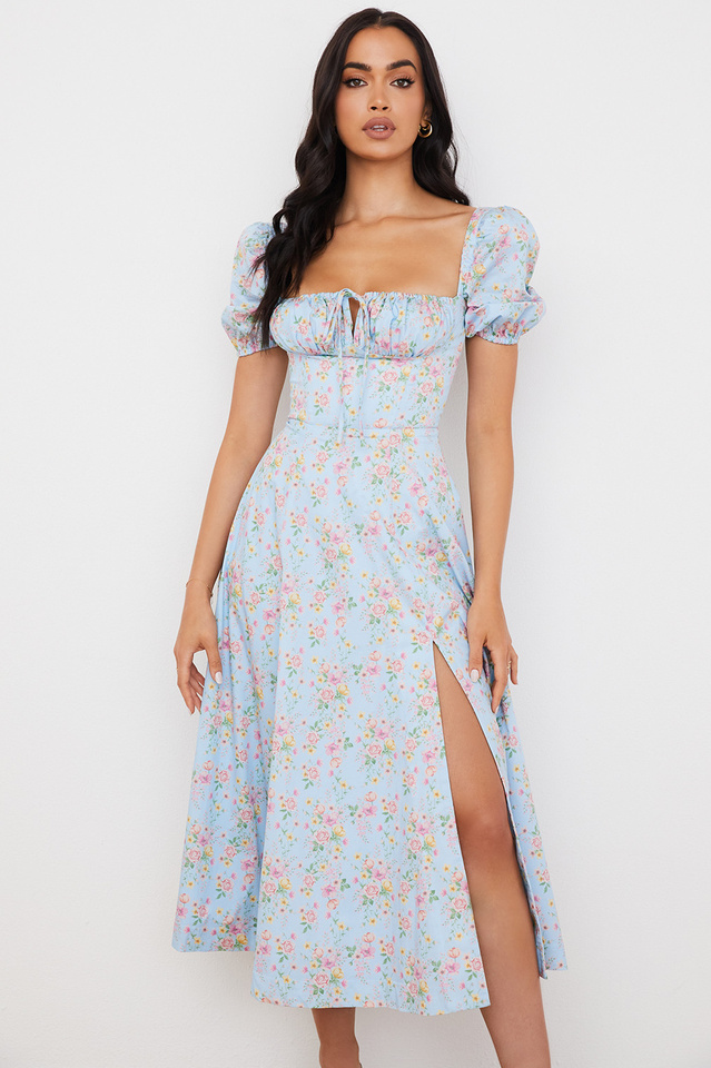 Romantic Floral Puff Sleeve Midi Dress