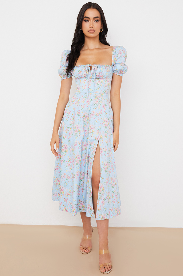 Romantic Floral Puff Sleeve Midi Dress