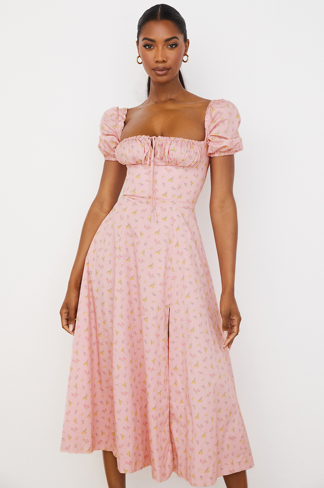 Romantic Floral Puff Sleeve Midi Dress