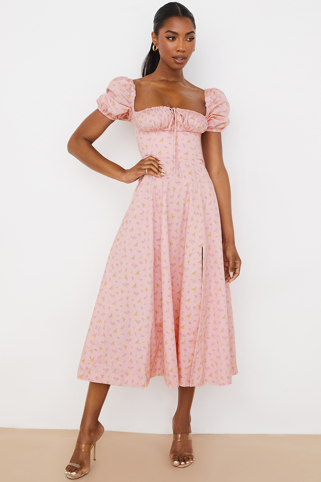 Romantic Floral Puff Sleeve Midi Dress