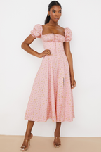 Romantic Floral Puff Sleeve Midi Dress