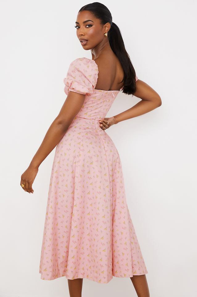 Romantic Floral Puff Sleeve Midi Dress