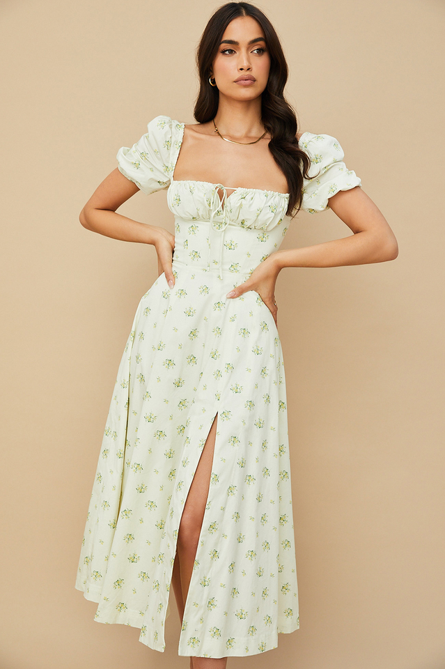 Romantic Floral Puff Sleeve Midi Dress