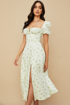 Romantic Floral Puff Sleeve Midi Dress