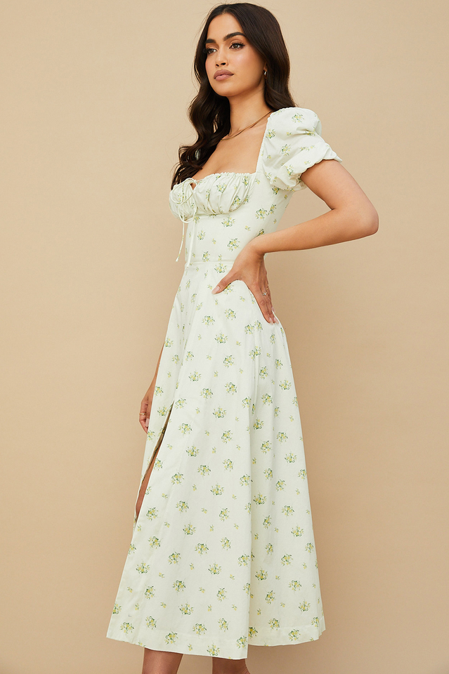 Romantic Floral Puff Sleeve Midi Dress