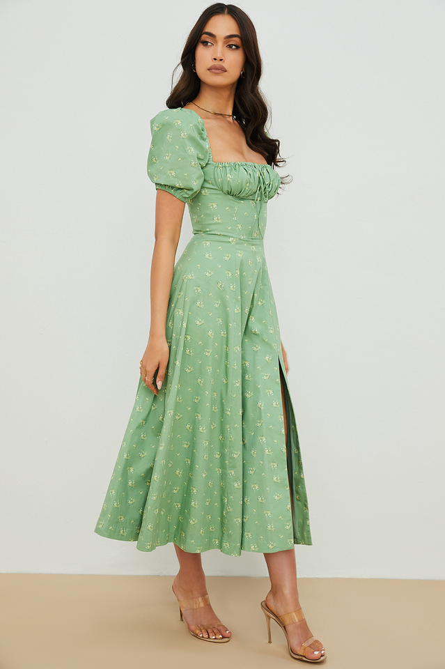 Romantic Floral Puff Sleeve Midi Dress