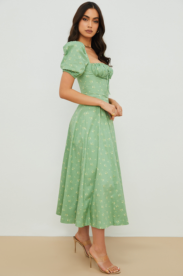 Romantic Floral Puff Sleeve Midi Dress