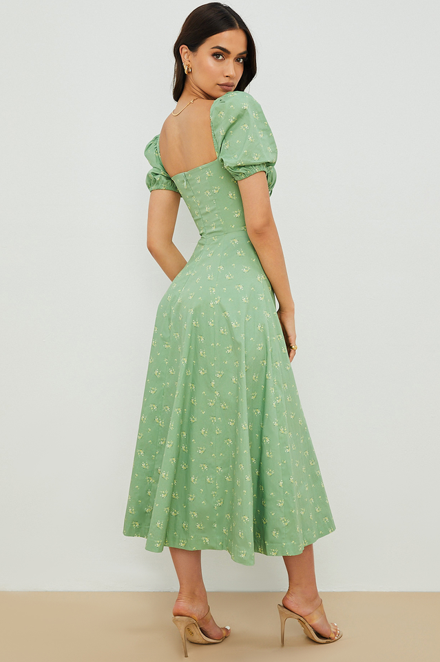 Romantic Floral Puff Sleeve Midi Dress