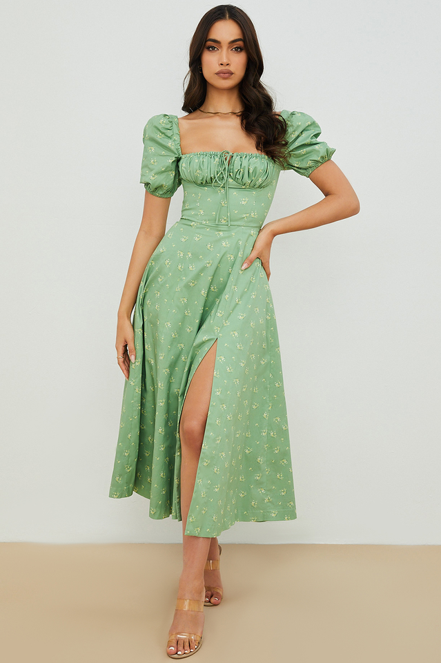 Romantic Floral Puff Sleeve Midi Dress