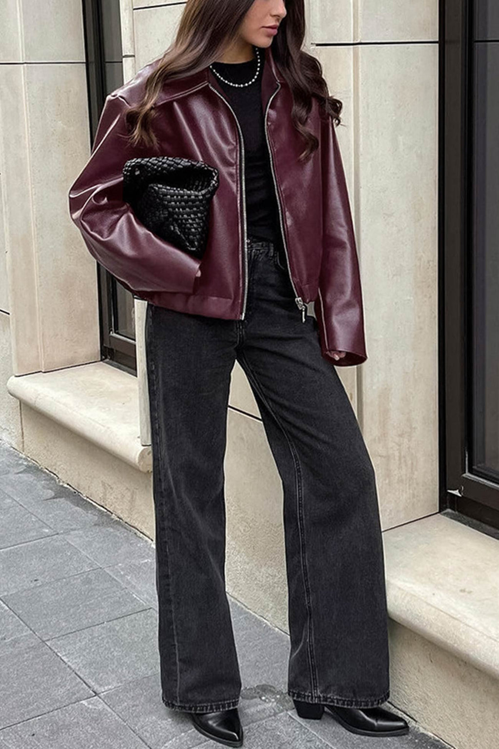 Sleek Burgundy Faux Leather Zip Jacket