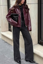 Sleek Burgundy Faux Leather Zip Jacket