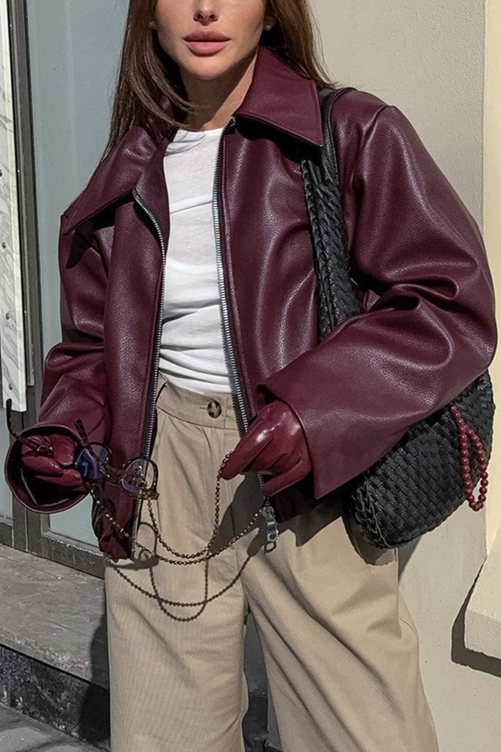 Sleek Burgundy Faux Leather Zip Jacket