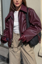 Sleek Burgundy Faux Leather Zip Jacket