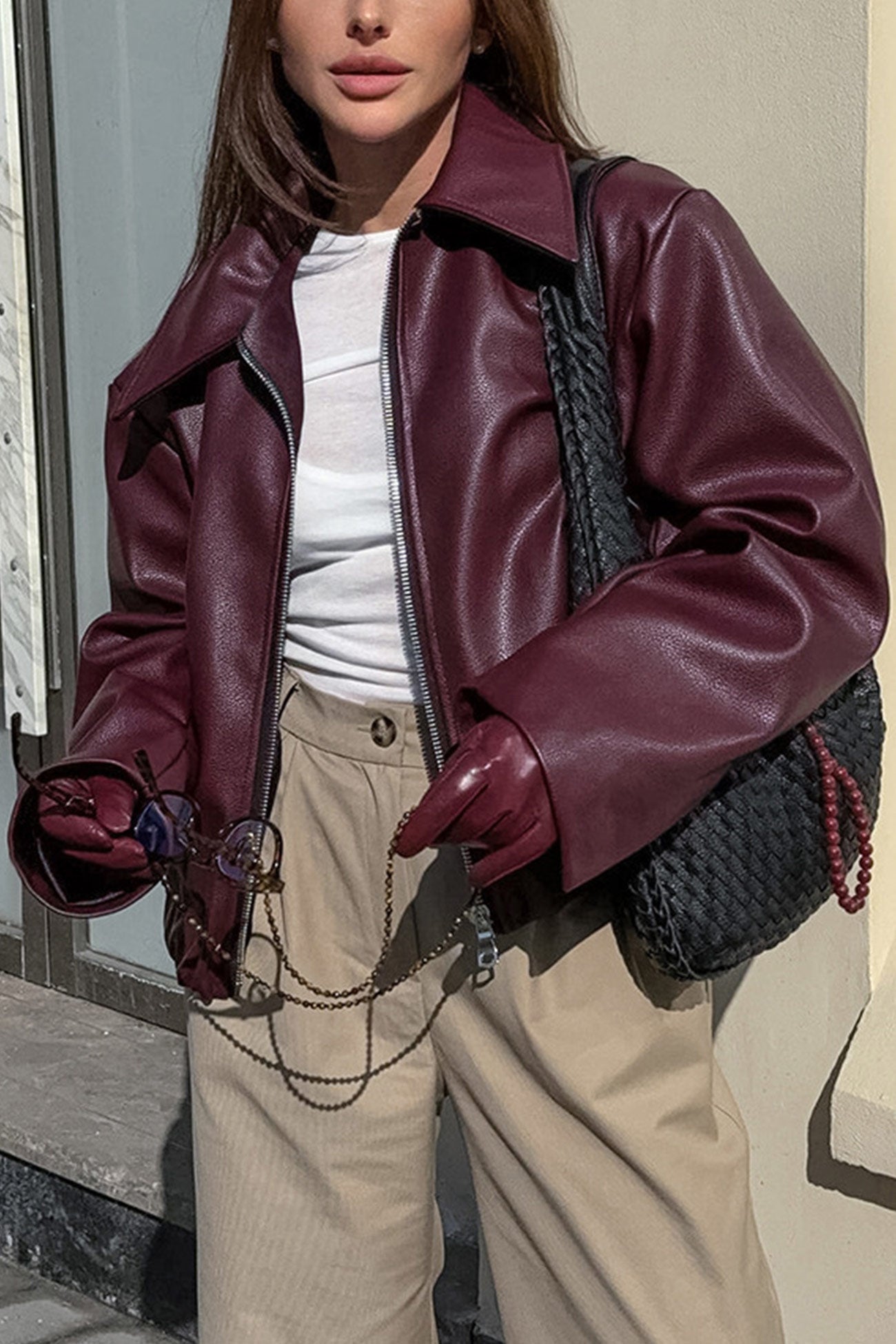 Sleek Burgundy Faux Leather Zip Jacket