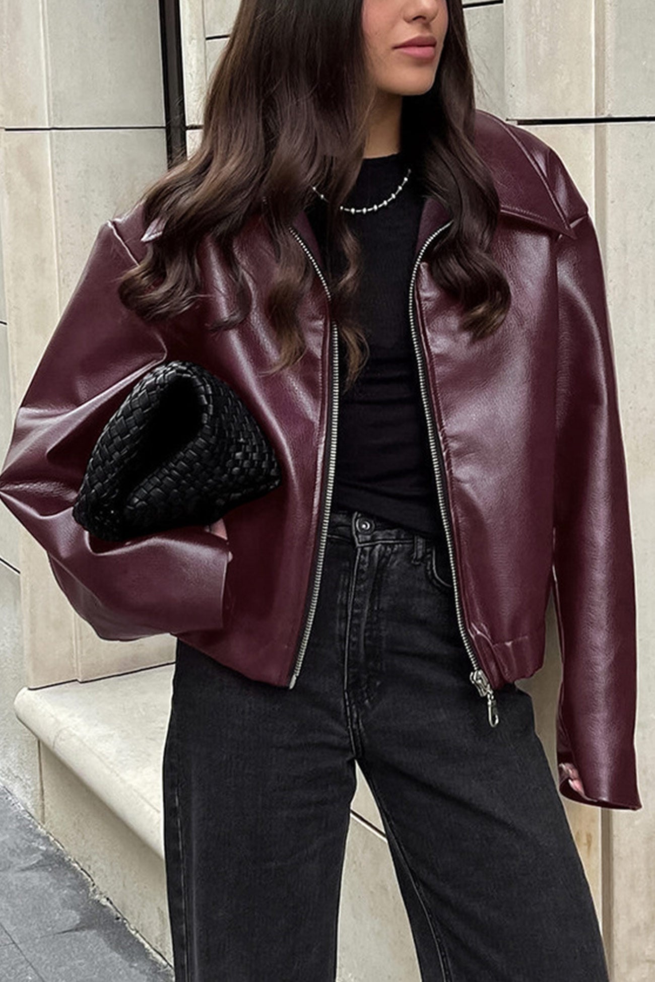Sleek Burgundy Faux Leather Zip Jacket