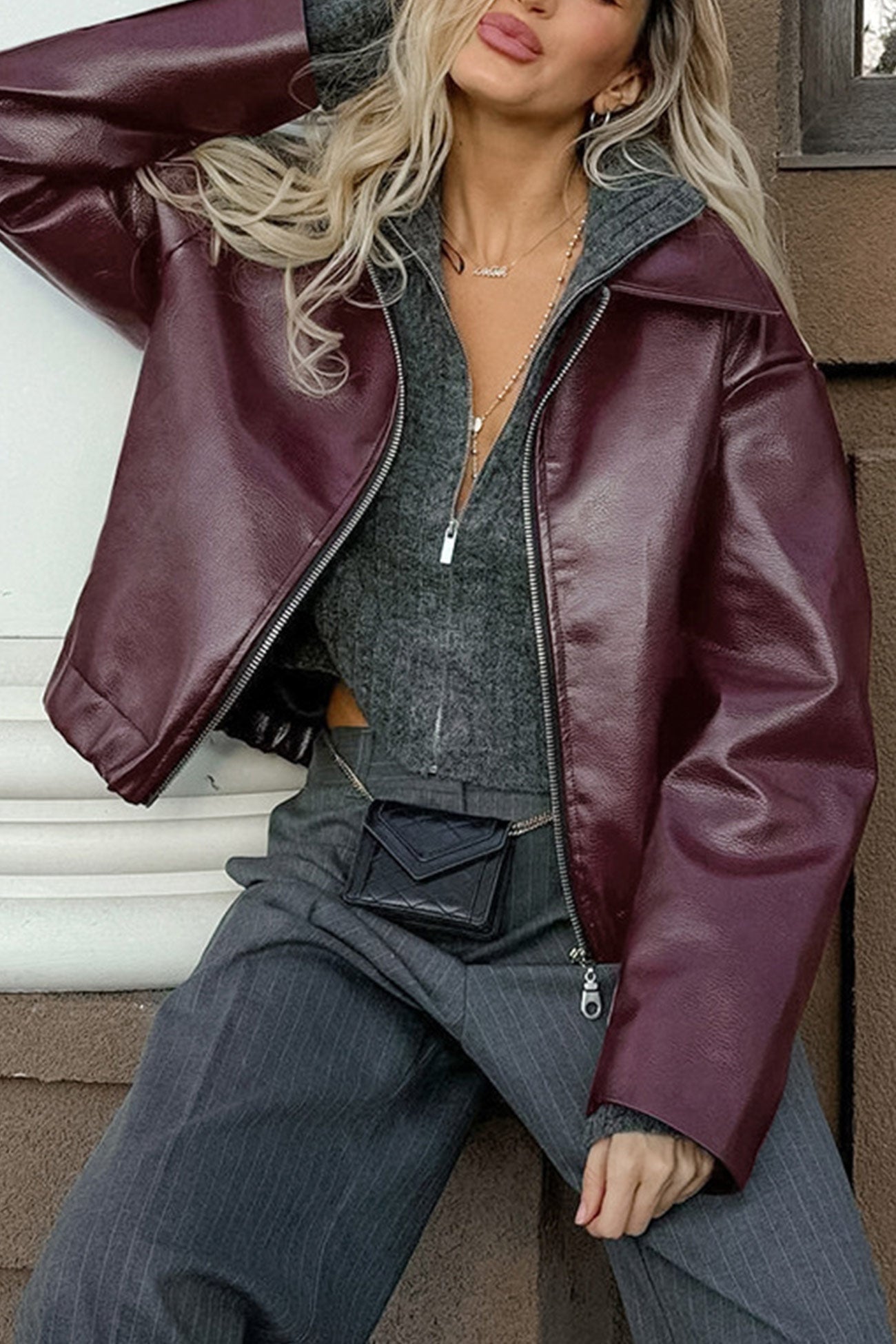 Sleek Burgundy Faux Leather Zip Jacket