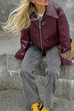 Sleek Burgundy Faux Leather Zip Jacket