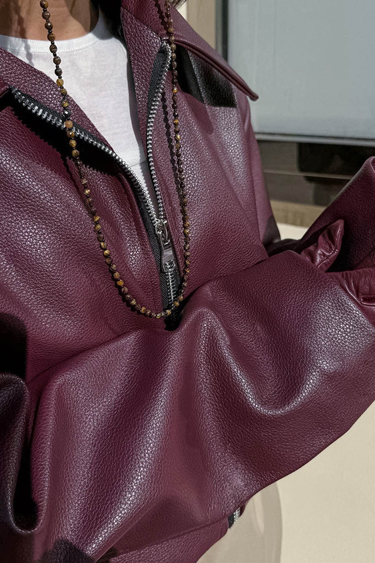 Sleek Burgundy Faux Leather Zip Jacket