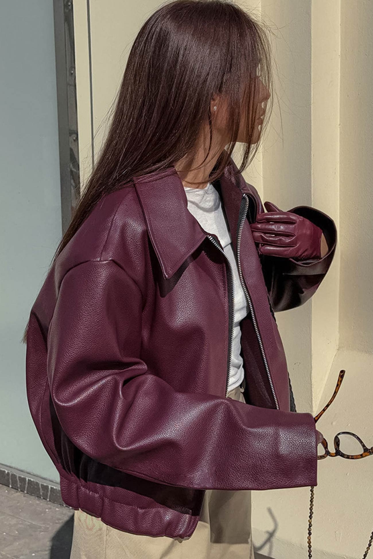 Sleek Burgundy Faux Leather Zip Jacket