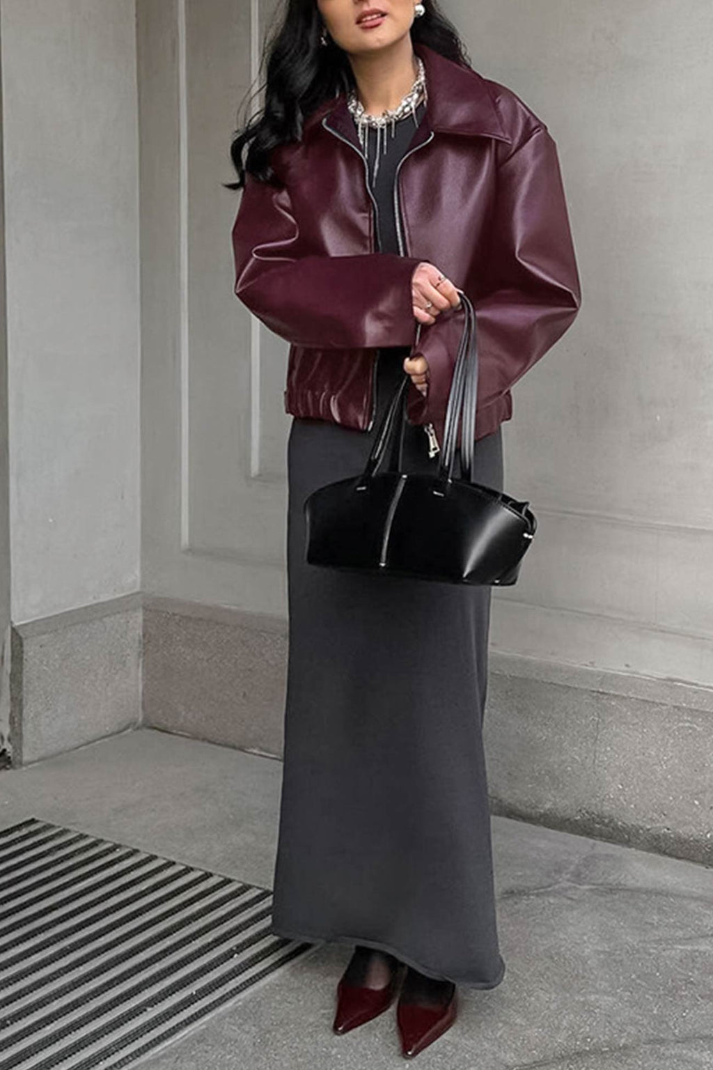 Sleek Burgundy Faux Leather Zip Jacket
